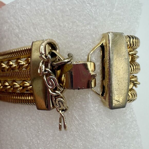 Vintage Mid Century Gold Tone Triple Chain Bracelet  Textured Rope & Snake Chain - Picture 4 of 6